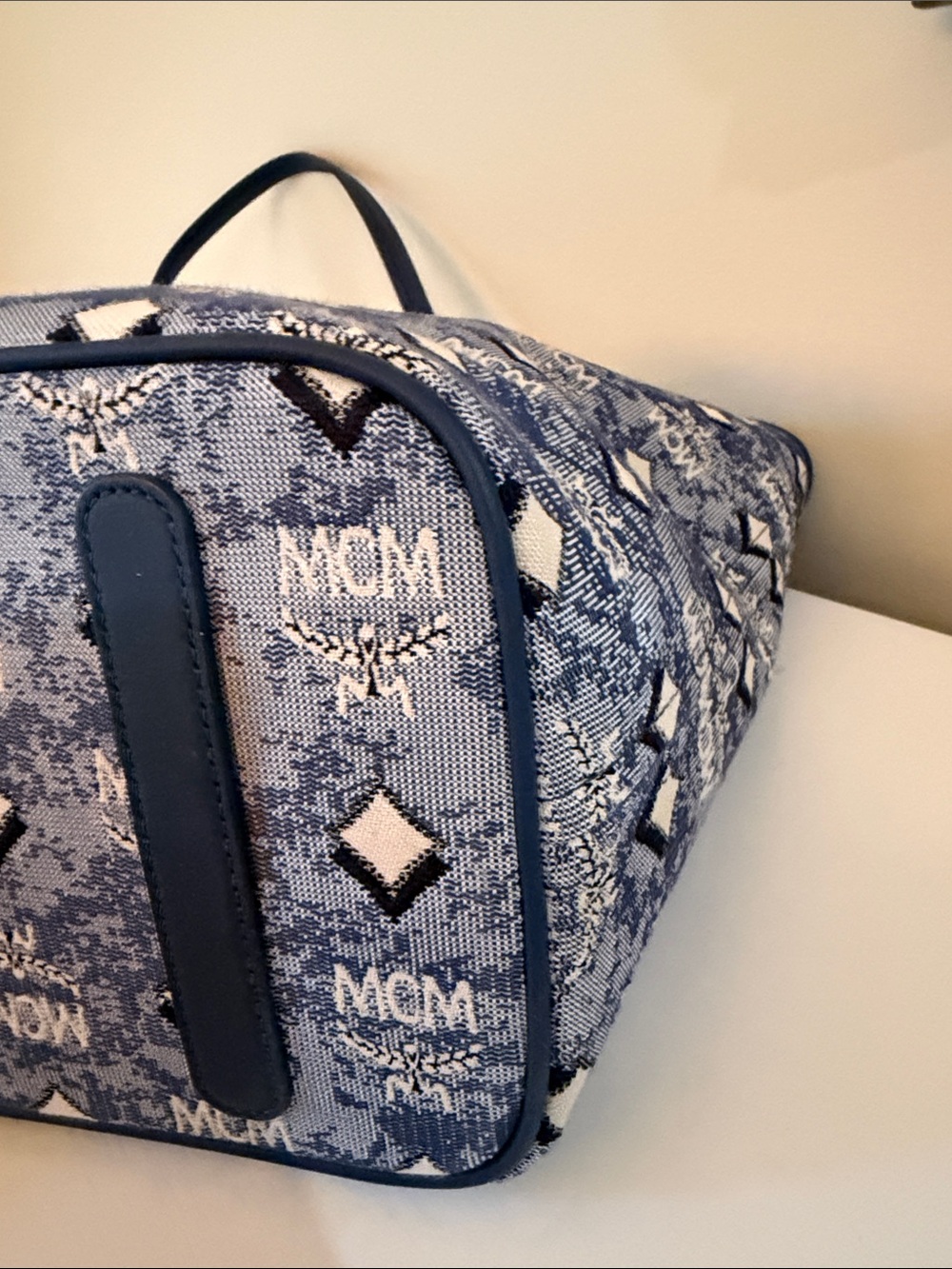 MCM Aren Light Blue Logo Monogram Tote with Blue Trim NWT - Picture 5 of 9